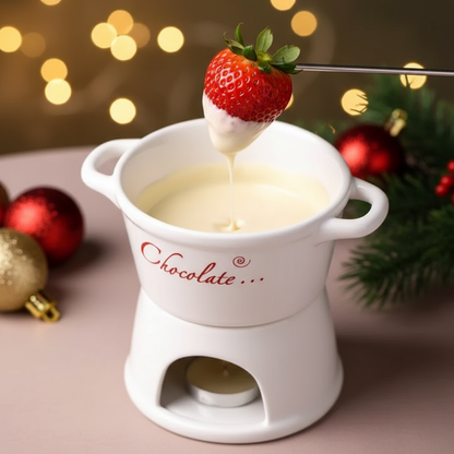 Taza de fondue blanca con fondo navideño