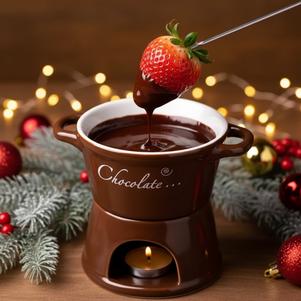 Taza de fondue marrón oscuro con fondo navideño