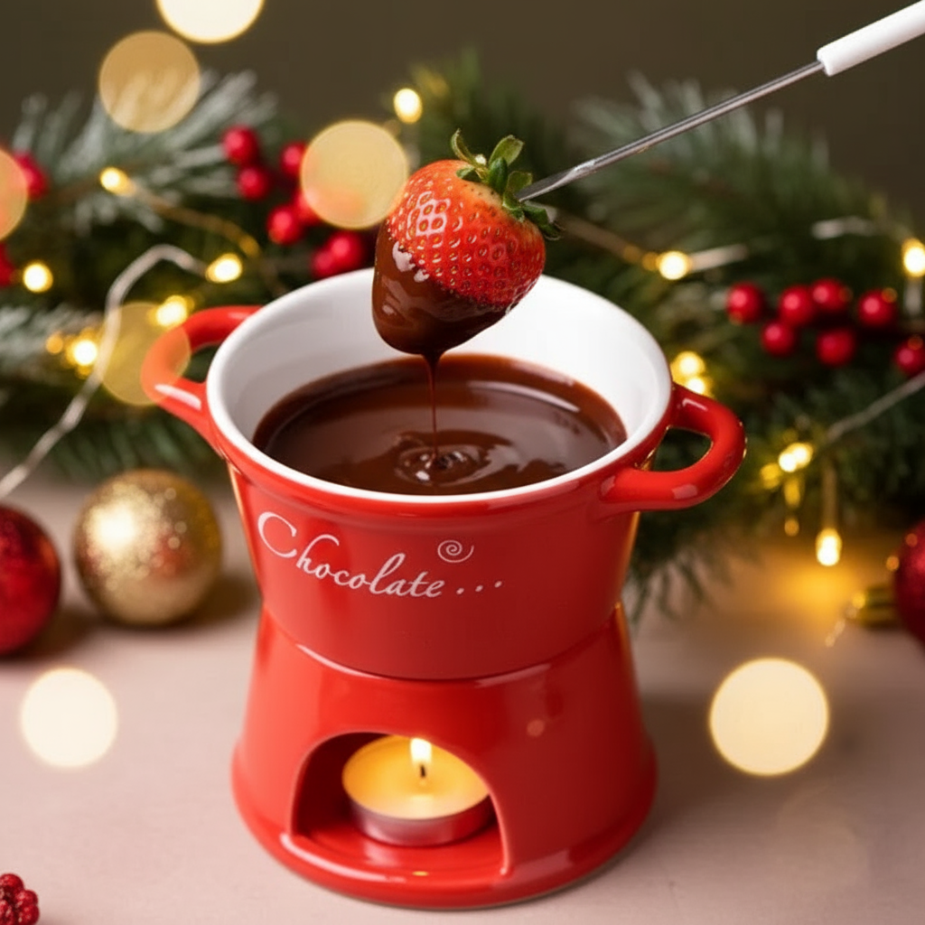 Taza de fondue roja con fondo navideño